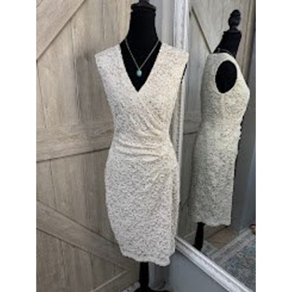 Vintage Sequined White Lace Faux-Wrap Cocktail Dress - Small